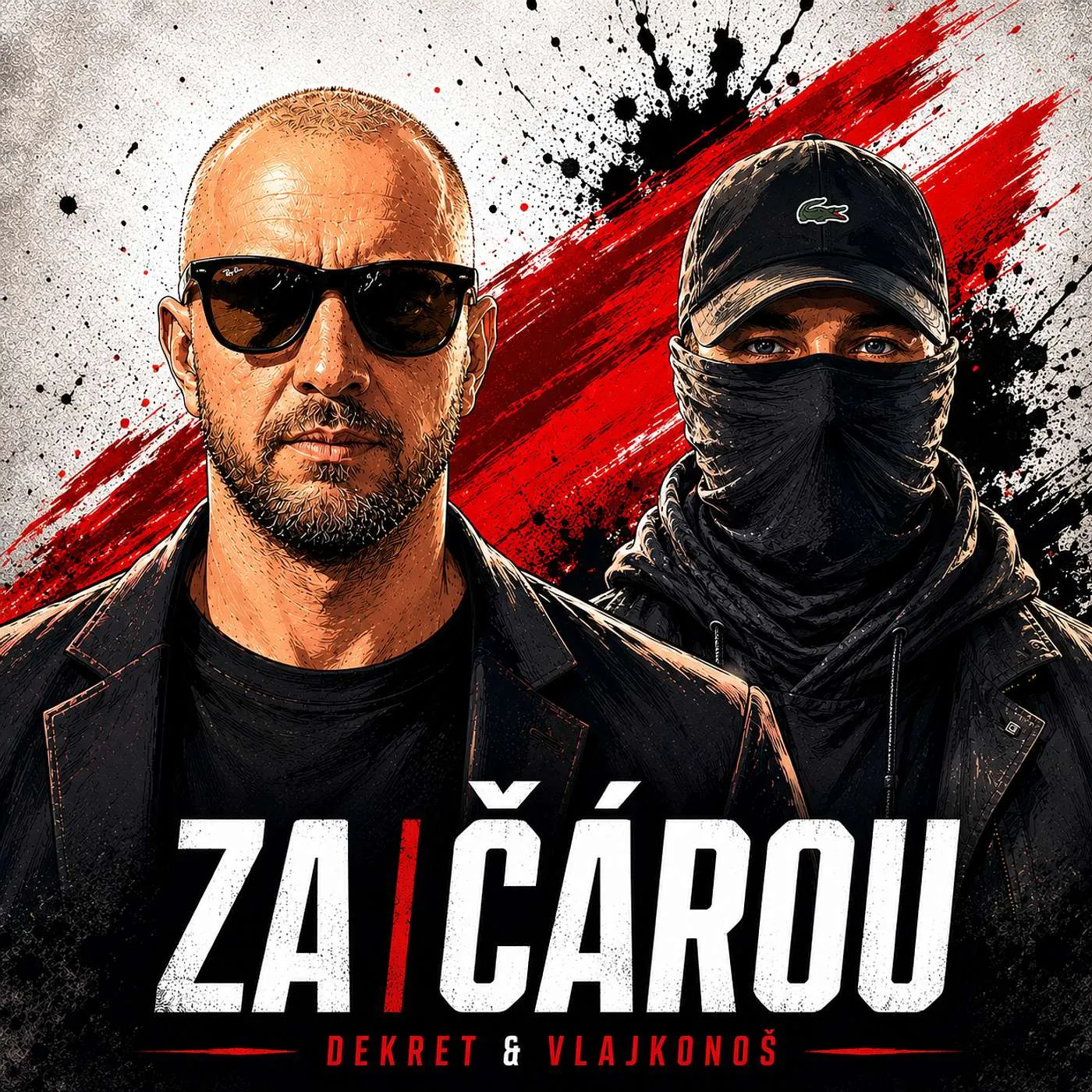 Obal podcastu Za čárou s moderátory Dekretem a Vlajkonošem